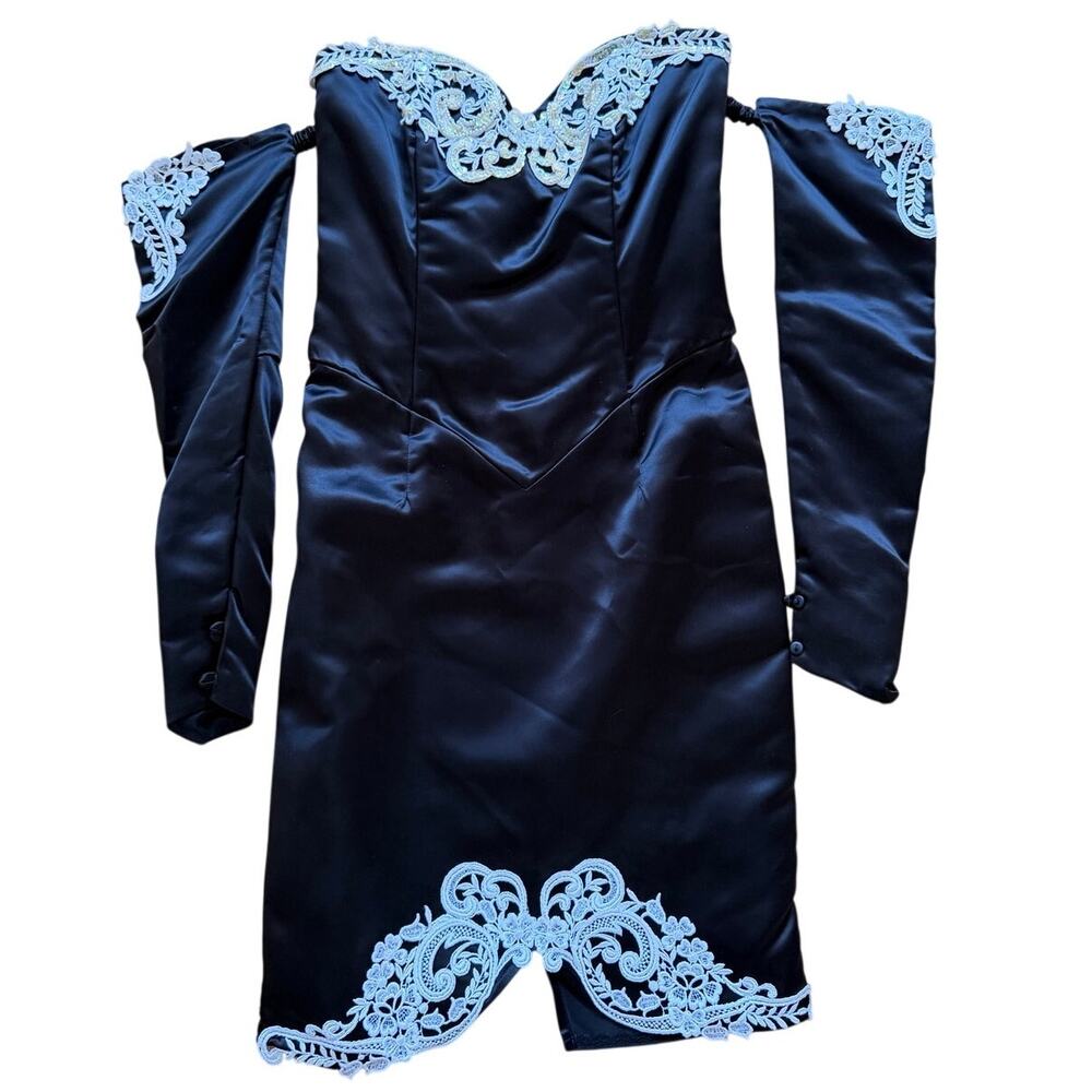 90s Gunne Sax Jessica McClintock Black Satin Lace Sweetheart Gloves Mini Dress